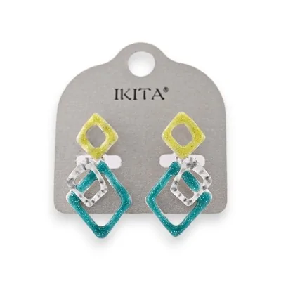 Pendientes de metal plateado geométricos turquesa y verde lima de Ikita
