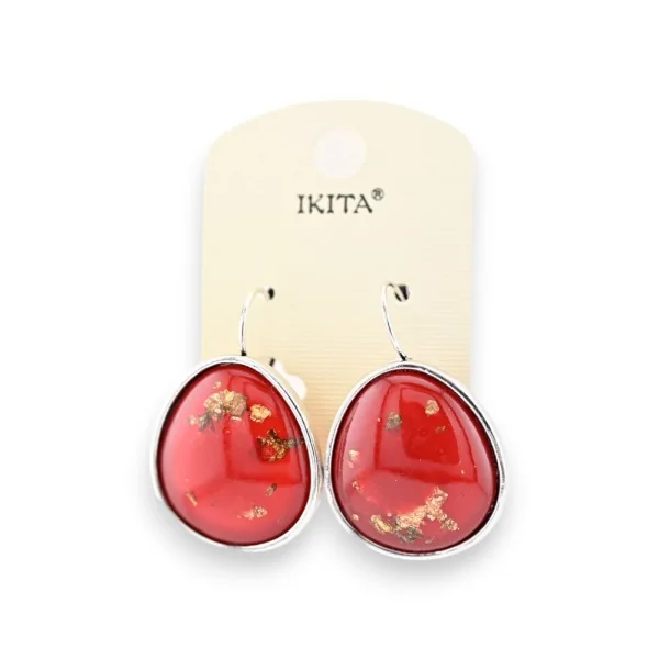 Brincos de metal prateado vermelho com lascas e folhas douradas da marca Ikita