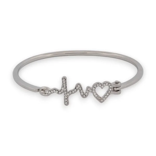 Brazalete rígido plateado con corazón y strass