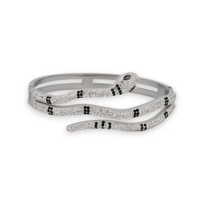 Bracelete rígido prateado com serpente em strass preto e branco