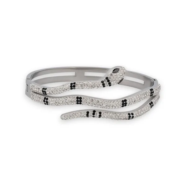 Silver snake bangle bracelet with black and white rhinestones