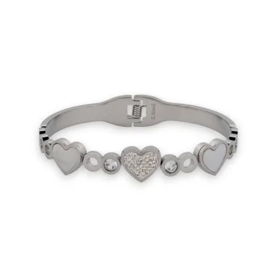 Thin silver stainless steel bangle bracelet with rhinestones and heart
