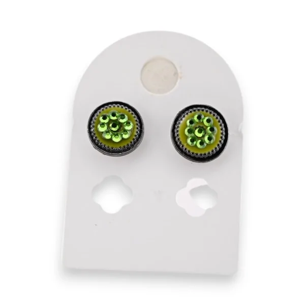 Pendientes circulares de metal gris oscuro con diamantes de imitación verdes