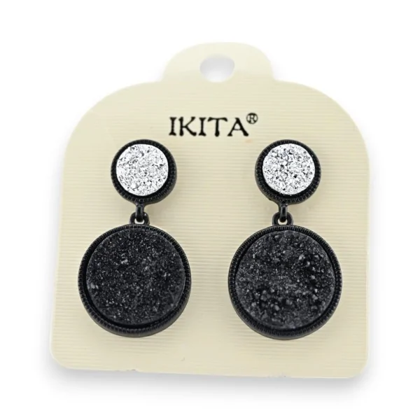 Boucles d'Oreilles Double Disque Effet Crépis noir et argenté