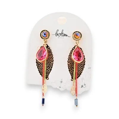 Brincos pendentes rosa com folhas douradas da Bohm