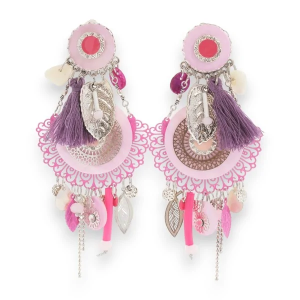 Brinco grande clip pendente rosa