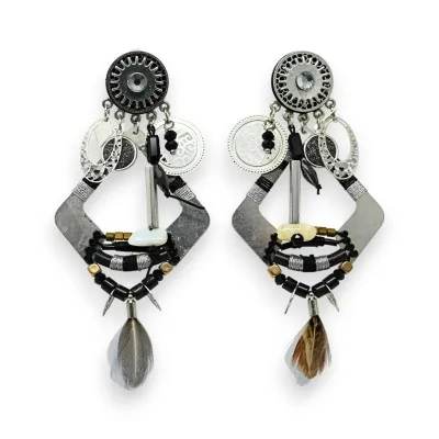 Pendientes de clip de estilo étnico en negro y plateado