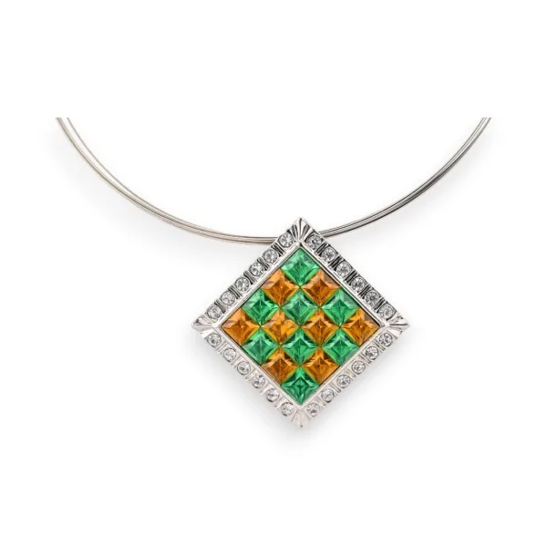 Silver choker necklace with diamond shape and orange and green rhinestones