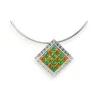 Silver choker necklace with diamond shape and orange and green rhinestones