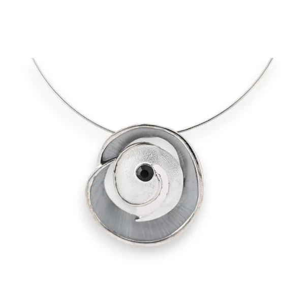 Silver choker necklace with grey spiral pendant