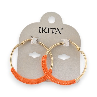 Ikita gold hoop earrings with hand-woven bright orange thread accent on lower curve