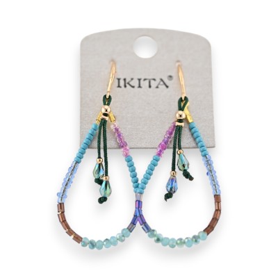 Ikita gold teardrop earrings with turquoise lilac Miyuki beads green cord and aqua faceted drops