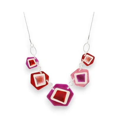 Collana Fantasia Geometrica Argentata Ikita sfumature rosso e rosa