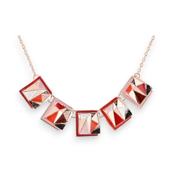 Geometric copper-rose colored costume necklace with red tones by Ikita