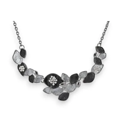 Colar Fantasia Floral Cinza e Preto Metalizado
