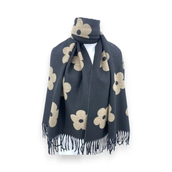 Weicher Schal mit schwarz-beigem Blumenmuster