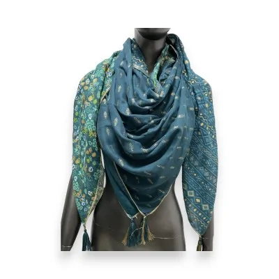 Lenço quadrado patchwork Liberty étnico azul-petróleo