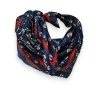 Foulard quadrato satinato blu marina con fiorellini fini arancio bianco e cornice rossa