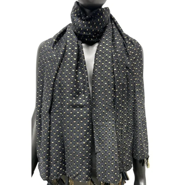 Grey and Black Fan Scarf with Gold Details