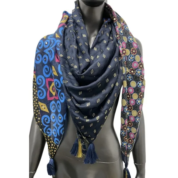 Navy blue multicolored patchwork square scarf