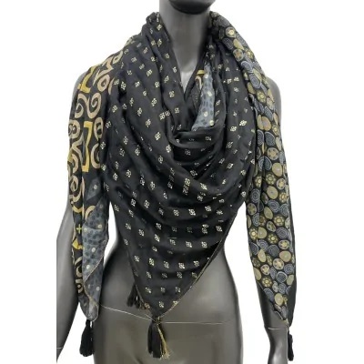 Geometric patchwork square scarf in black and mustard