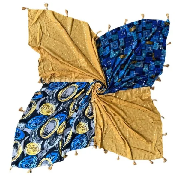 Lenço quadrado patchwork geométrico azul e mostarda