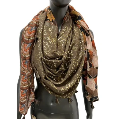 Square patchwork scarf in brown and orange