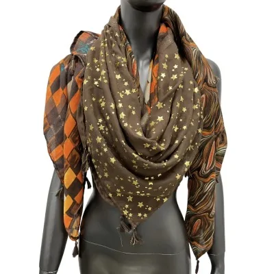 Square patchwork scarf with 4 brown and orange patterns