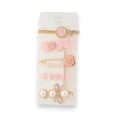 Conjunto de presilhas de cabelo rosa e dourado