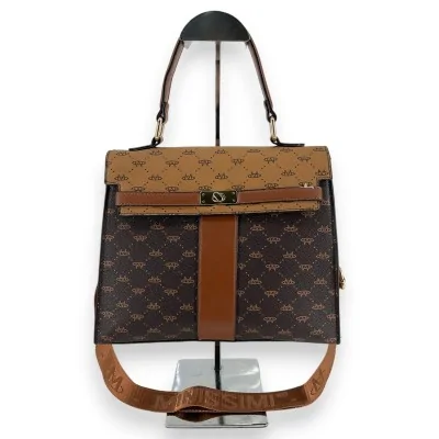 Two-tone rigid handbag in camel and brown