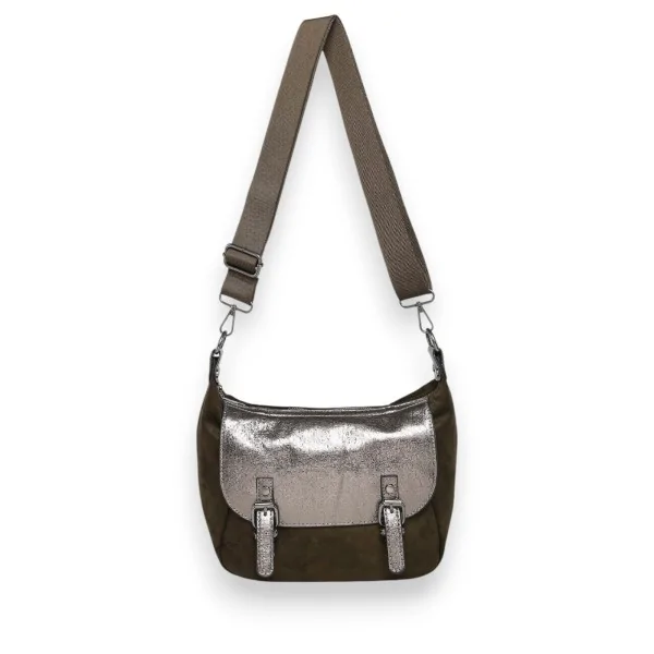 Borsa a tracolla in pelle scamosciata sintetica color kaki con patta metallizzata