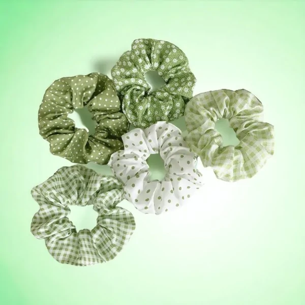 Set of 5 green scrunchies with assorted patterns