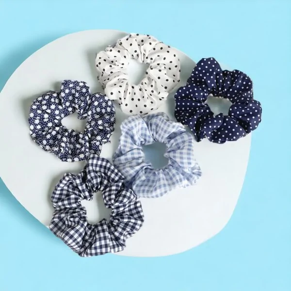 Set of 5 navy blue and white patterned scrunchies