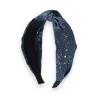 Wide denim fabric headband with multicolor sequin pastilles scattered on a blue jean base