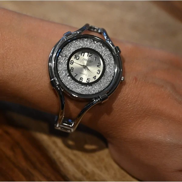 Armbanduhr ERNEST silberfarbenes Fantasy-Design mit glitzerndem Steinzifferblatt