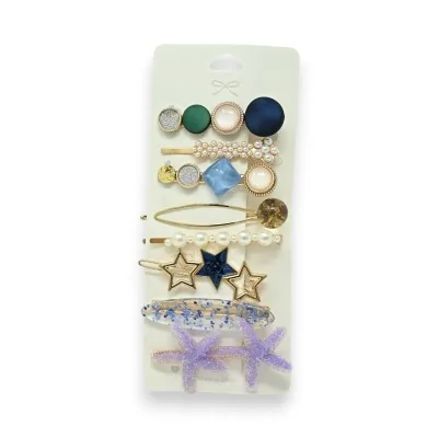 Conjunto de 8 presilhas de cabelo decorativas azuis e douradas