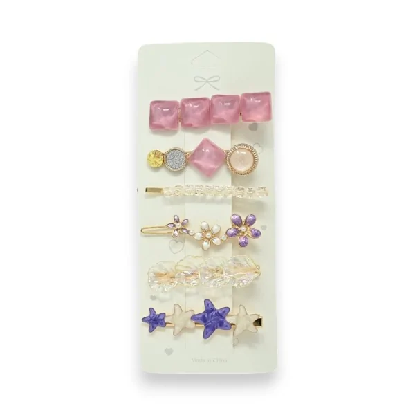 Conjunto de 6 presilhas decorativas rosa e lilás