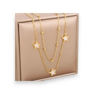 Golden double star necklace with pearly finish