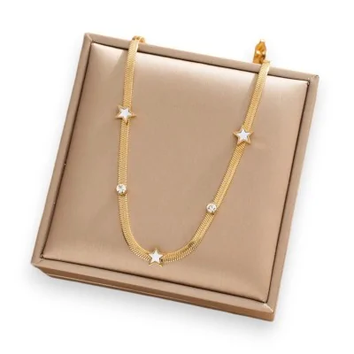 Stainless Steel Necklace with Mother-of-Pearl and Gold Stars