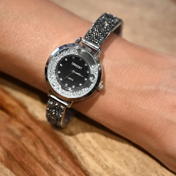 Reloj joya Ernest plateado con piedras grises y blancas