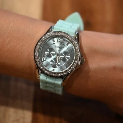 Relógio Ernest silicone verde água mostrador com strass