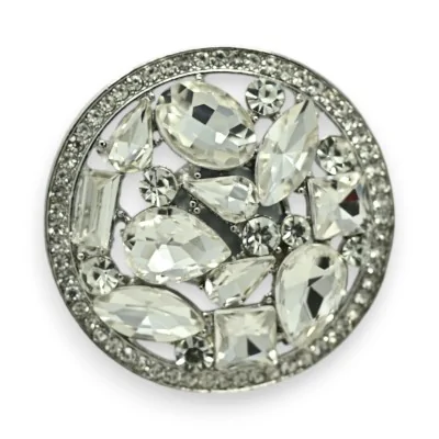 Broche magnética redonda com pedras brancas brilhantes