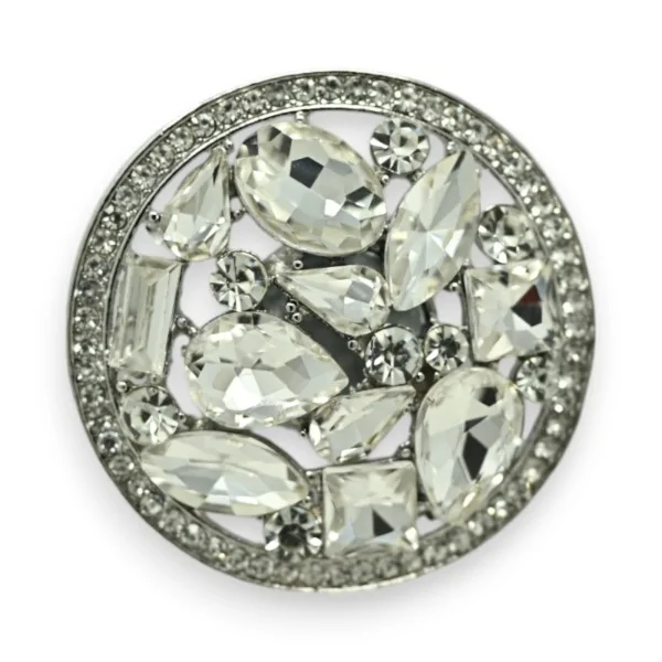 Broche magnética redonda com pedras brancas brilhantes