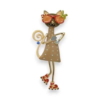 Playful Fancy Cat Brooch in Taupe and Gold