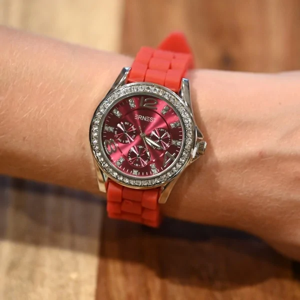 Reloj Ernest de silicona roja con esfera de estrás