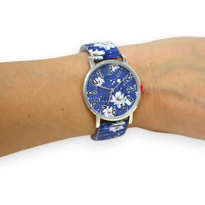 Relógio Ernest Elegância Floral Azul e Branco