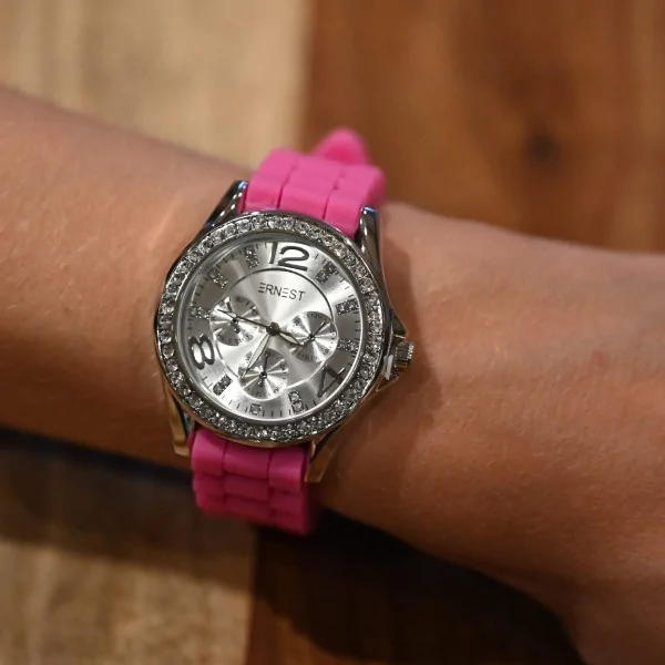Relógio Ernest silicone fúcsia mostrador com strass