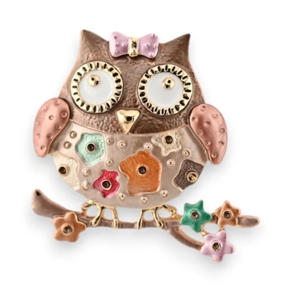 Broche coruja fantasia dourada e marrom