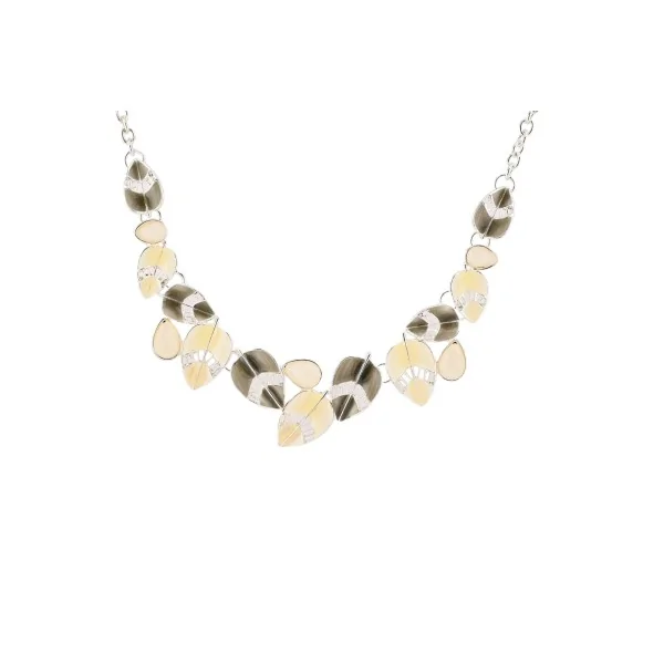 Silver-plated costume necklace with grey and off-white leaves