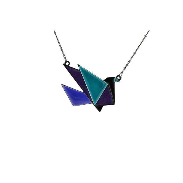 Colar Fantasia Galinha Origami em Tons de Azul e Verde da Ikita